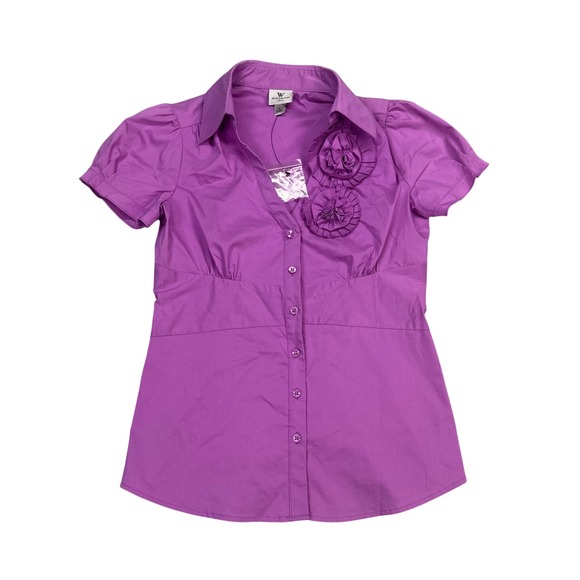 Worthington Tops - Worthington Purple Rosette Accent Short Puff Sleeve Button Down Blouse Small